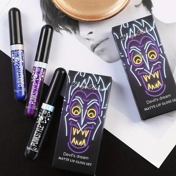 DRAGON RANEE Devil’s Dream Glitter Liquid Tinted Lip Gloss Set Purple Blue Black - Picture 2 of 6